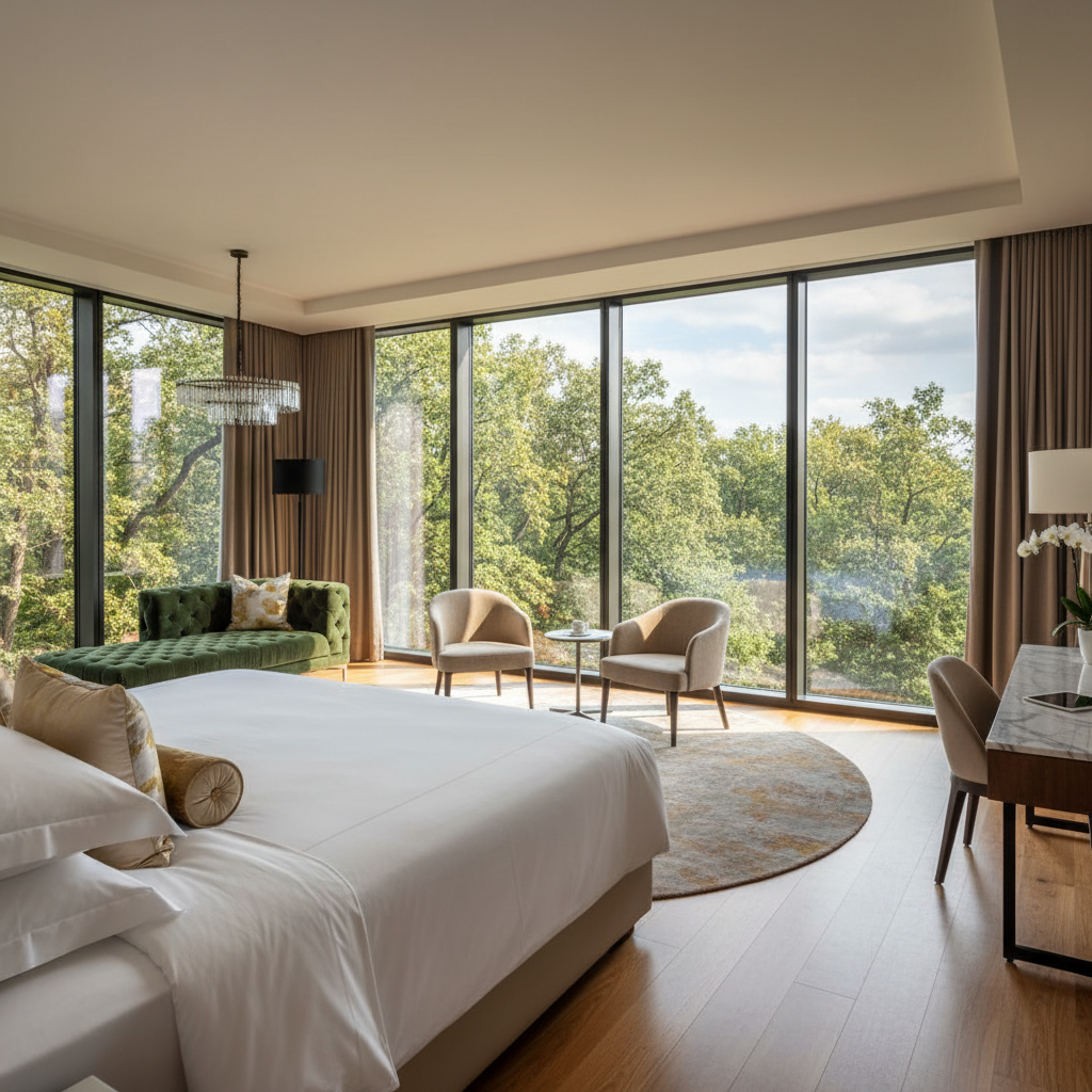 Premium resort bedroom with panoramic forest view and elegant decor
