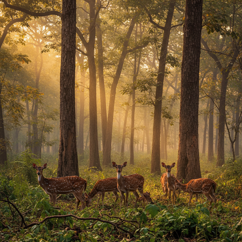 Dense green Tadoba forest canopy with morning mist and golden light
