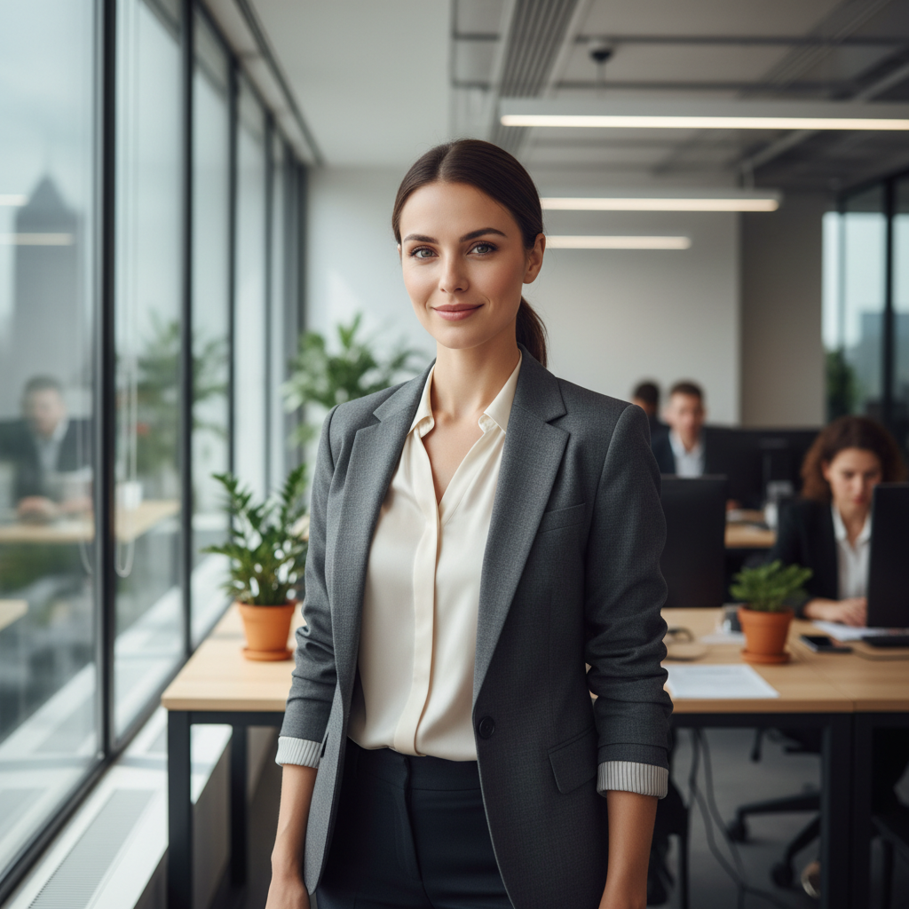 Professional woman with confident smile in modern office setting