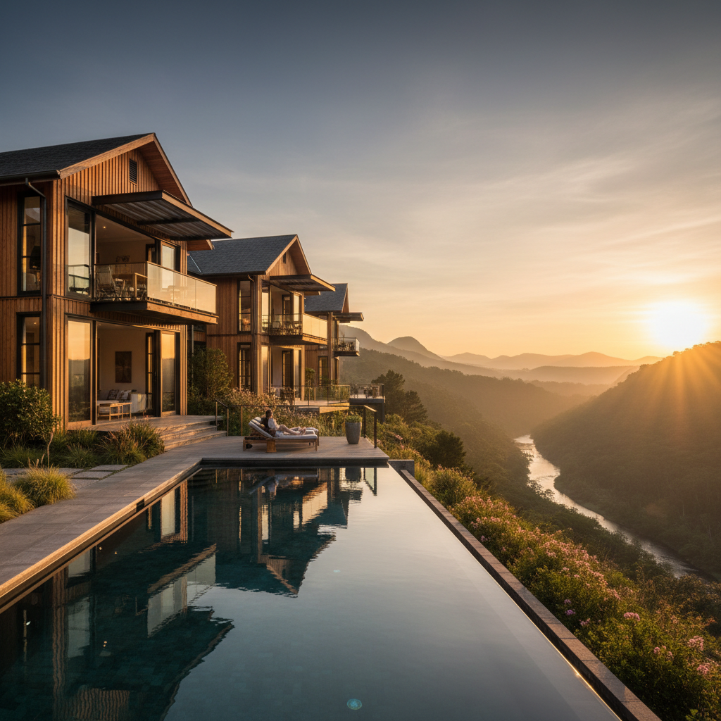 Luxury wilderness retreat with infinity pool overlooking pristine forest
