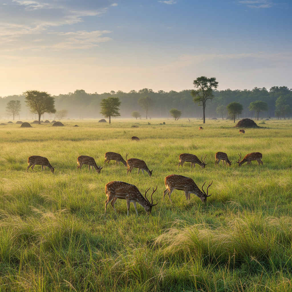 Aerial view of lush green Tadoba forest landscape with misty morning light