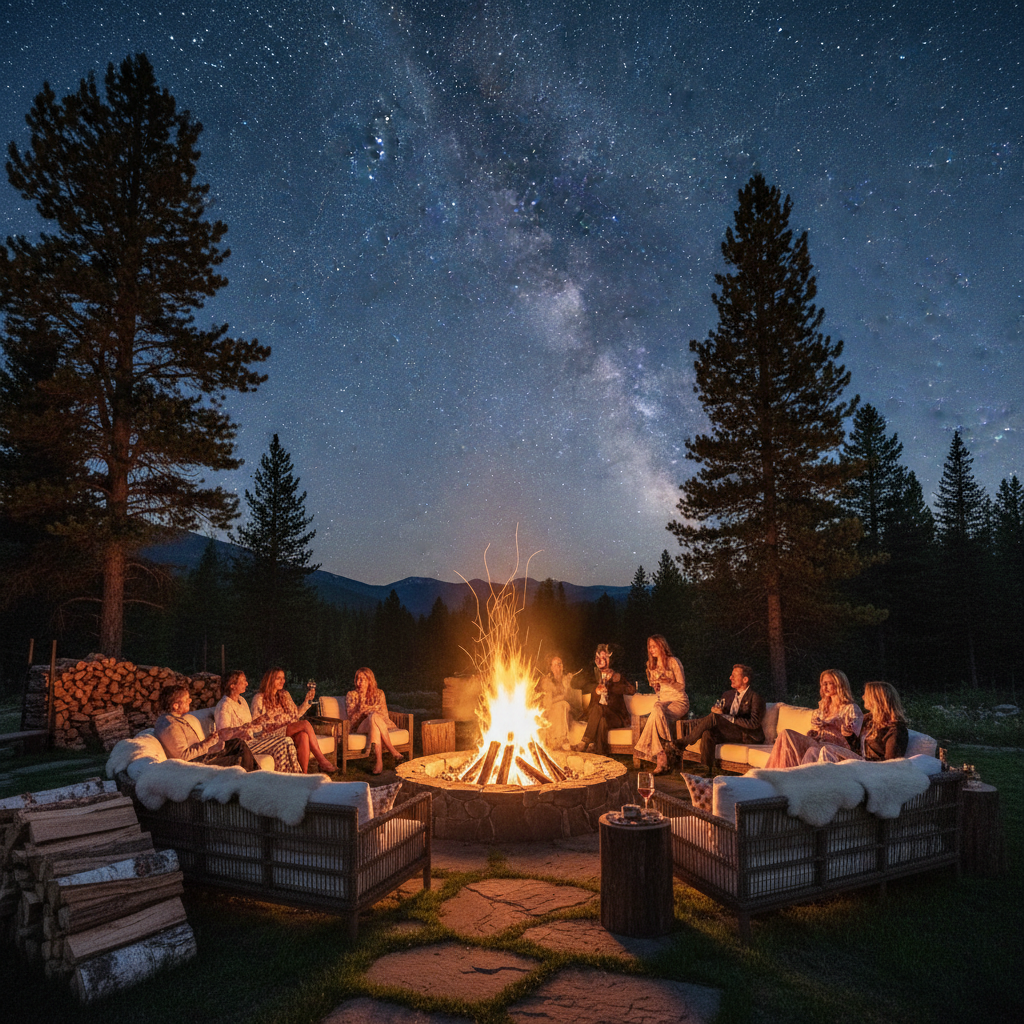 Luxury outdoor bonfire gathering at wilderness estate under starlit sky