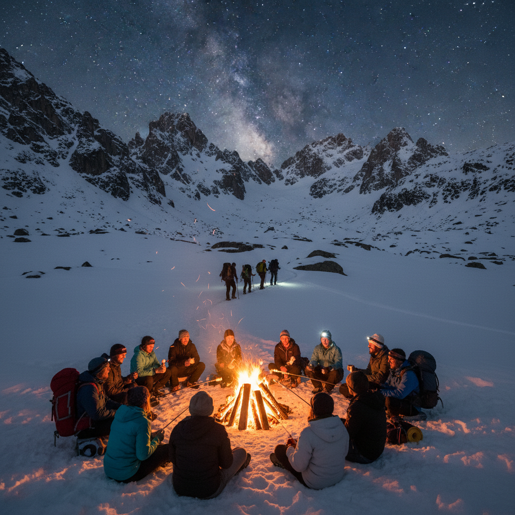 Family enjoying bonfire under starlit sky in wilderness setting
