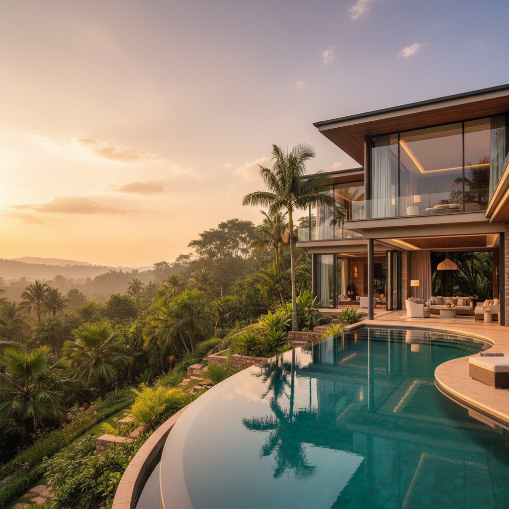 Luxury infinity pool overlooking lush forest canopy at sunset